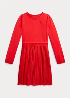 Plaid-Trim Pleated Jersey Dress