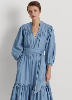 Chambray Blouson-Sleeve Dress