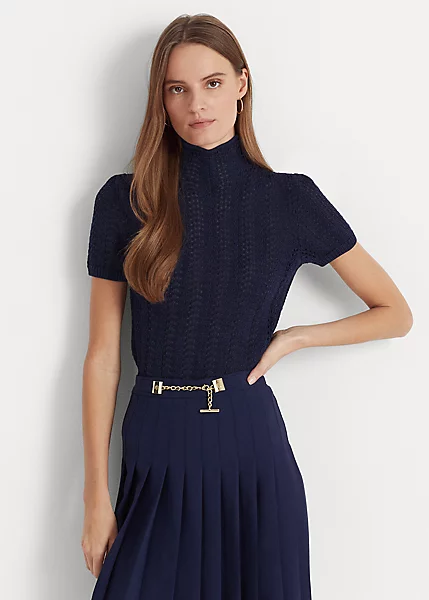 Pointelle Short-Sleeve Roll Neck