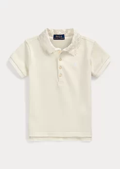 Lace-Collar Stretch Mesh Polo Shirt