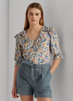 Floral Ruffle-Trim Jersey Top