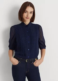 Embroidered Dobby Puff-Sleeve Shirt