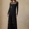 Long-Sleeve Crewneck Evening Dress