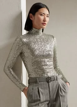 Embellished Long-Sleeve Roll Neck Top