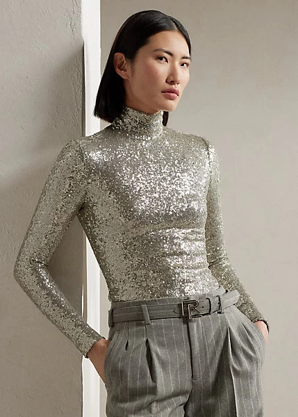Embellished Long-Sleeve Roll Neck Top
